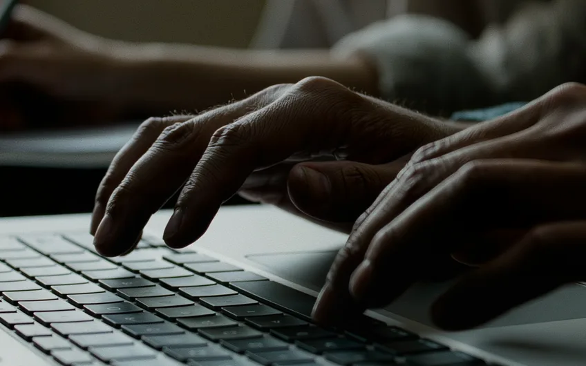 Hands at a laptop keyboard, keeping electronic waste records