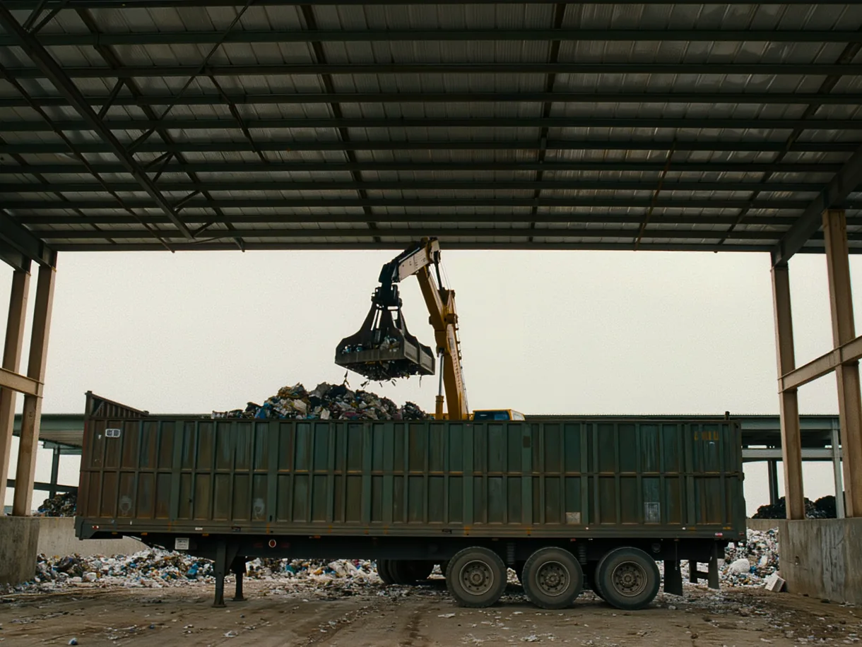 A goods vehicle and handling plant unloading waste at a facility