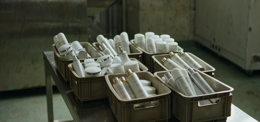 Discarded cosmetic products and aerosol packaging sorted for destruction