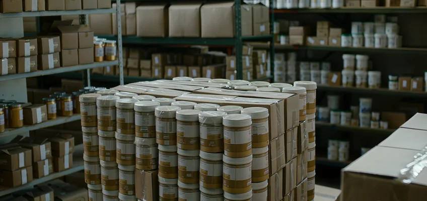 Palletised batches of expired food supplements in a warehouse
