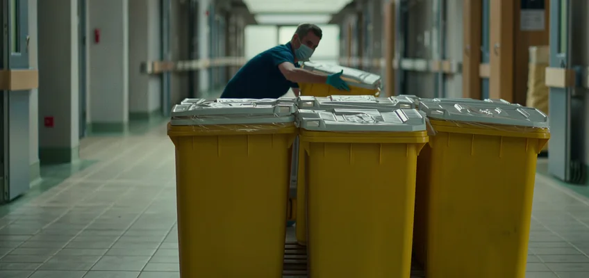 A worker in protective clothing handling sealed medical waste containers