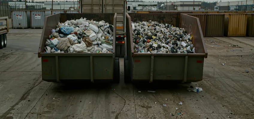 Skips of municipal waste staged for collection at a commercial site