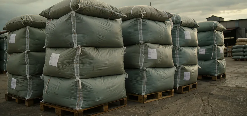 Unfit production raw materials bagged and staged for disposal