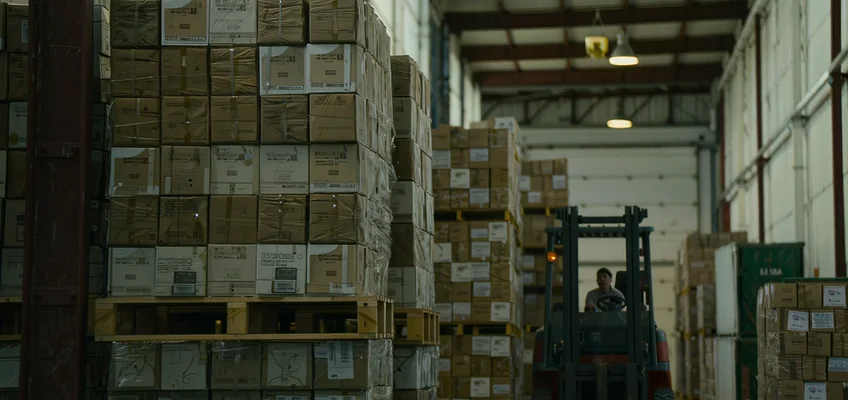 Written-off goods on pallets, staged for collection from a warehouse